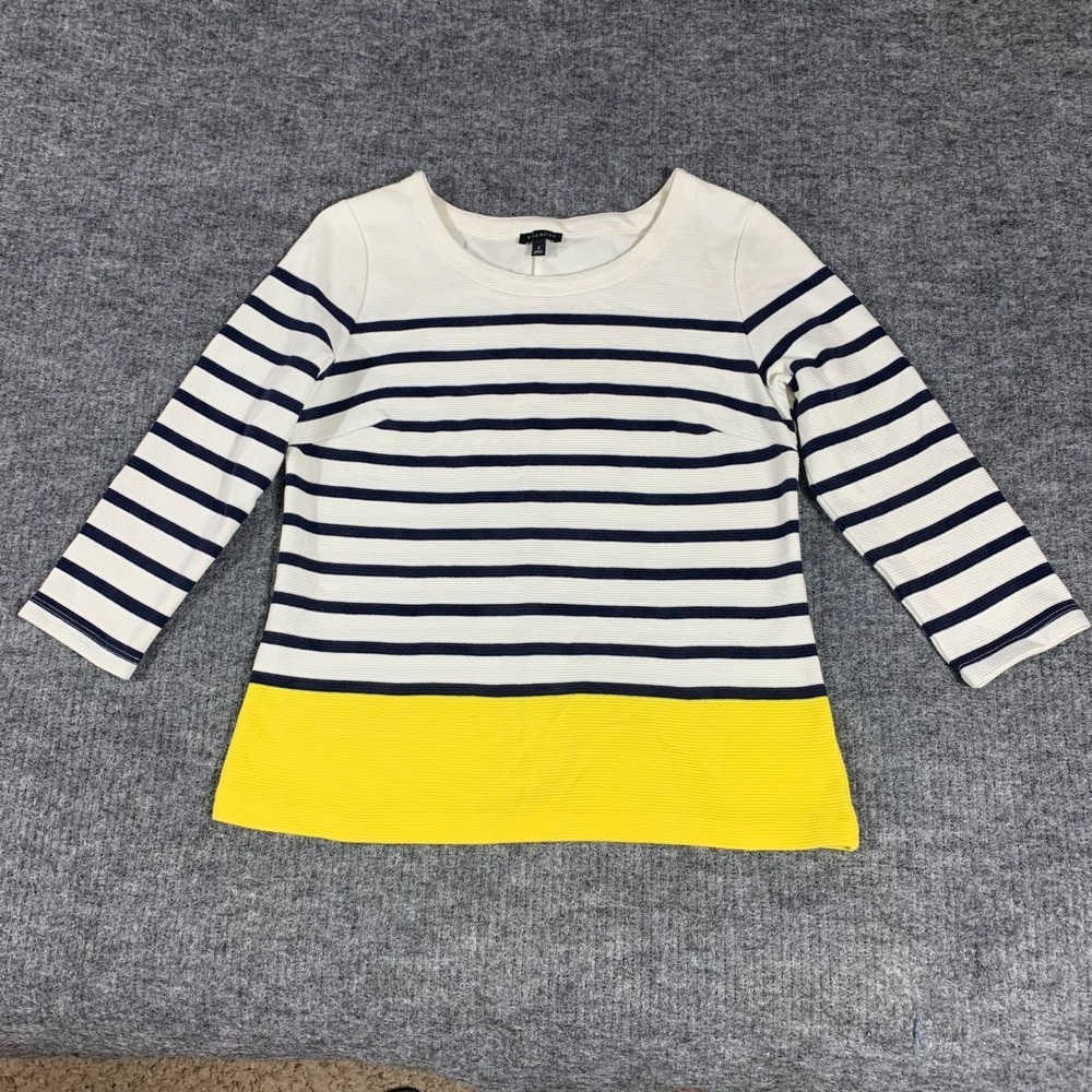 Talbots Sweater Womens Small‎ S White Yellow Striped 3/4 Sleeve Coastal Preppy